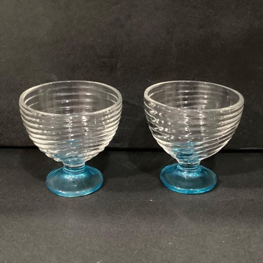 Blue Footed Dessert Bowls, Set of 2, Ribbed Glass Compotes, Vintage Style Coupes - Thumbnail 10