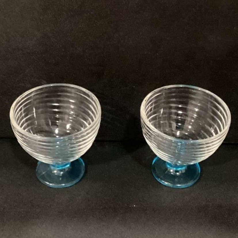 Blue Footed Dessert Bowls, Set of 2, Ribbed Glass Compotes, Vintage Style Coupes - Thumbnail 3
