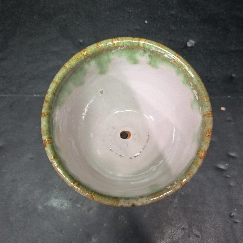Studio Art Pottery Indoor Planter, Vintage Green Drip Glaze Flower Pot Holder - Thumbnail 3
