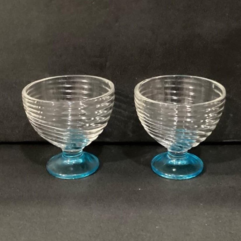 Blue Footed Dessert Bowls, Set of 2, Ribbed Glass Compotes, Vintage Style Coupes - Thumbnail 8