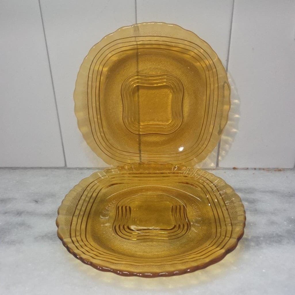 Duralex Amber Wave Luncheon Plates, Set of 2, Vintage Glassware, Depression Era - Thumbnail 2