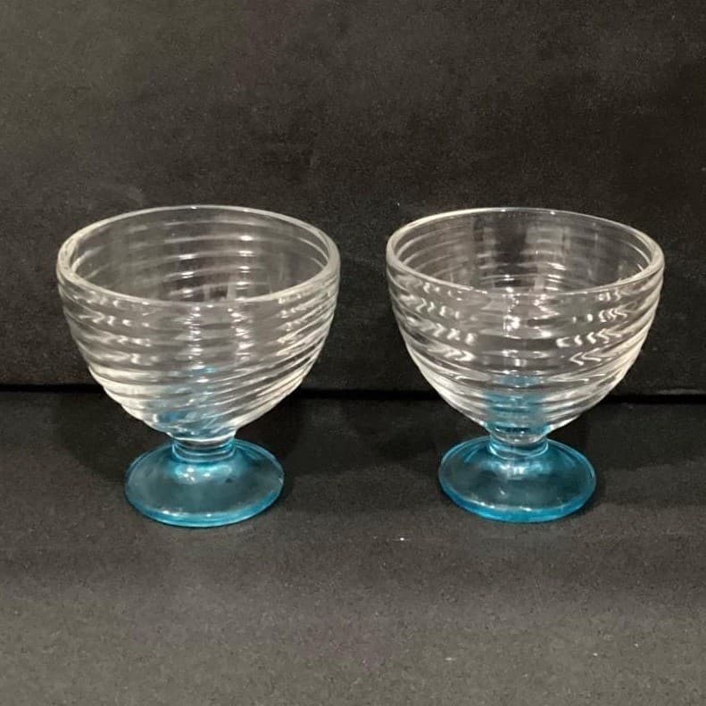 Blue Footed Dessert Bowls, Set of 2, Ribbed Glass Compotes, Vintage Style Coupes - Thumbnail 11