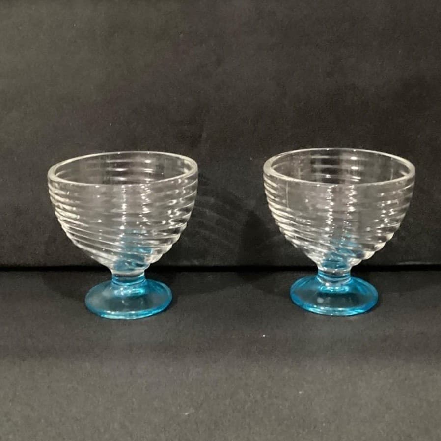 Blue Footed Dessert Bowls, Set of 2, Ribbed Glass Compotes, Vintage Style Coupes - Thumbnail 2