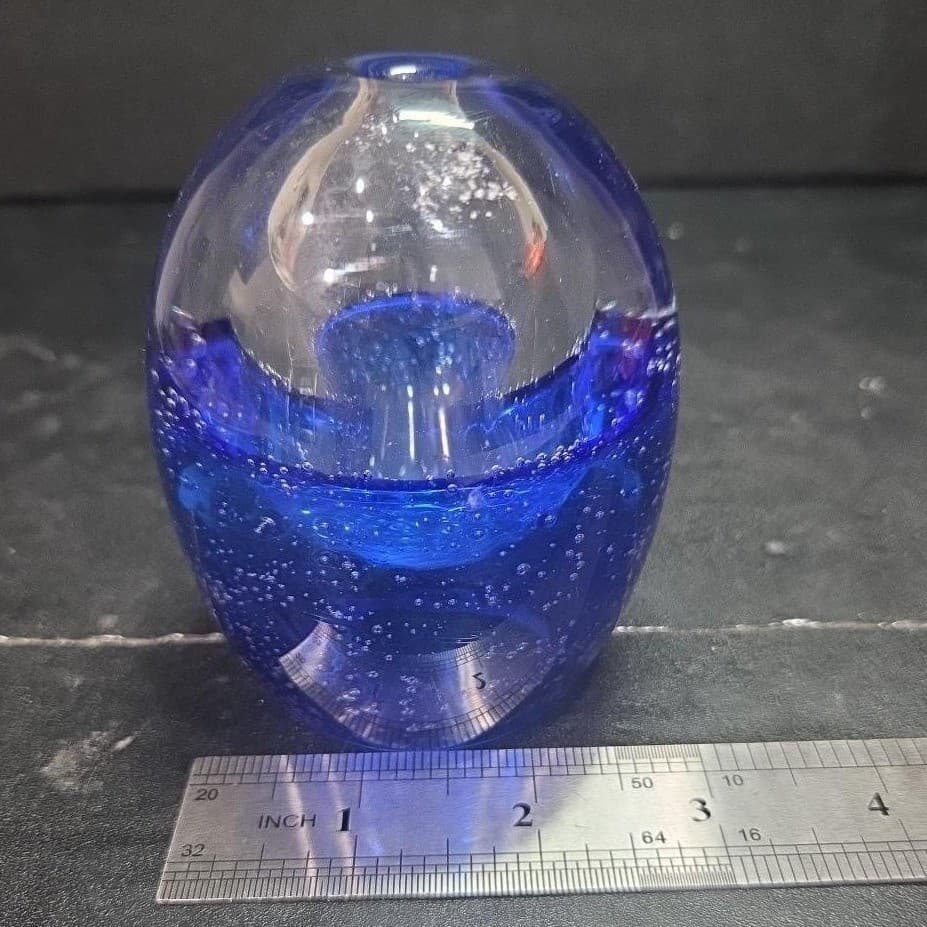 Blue Bubble Design Paperweight, Vintage Polish Glass Sculpture, Oil Lamp, Decor - Thumbnail 9