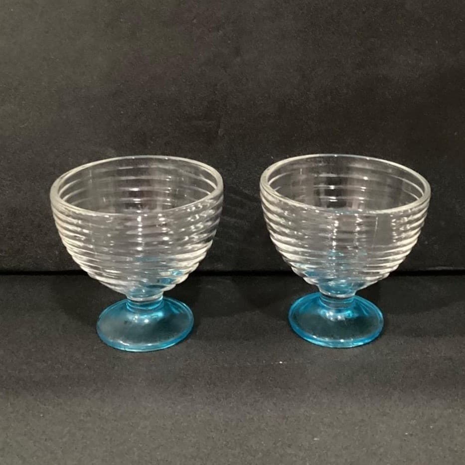 Blue Footed Dessert Bowls, Set of 2, Ribbed Glass Compotes, Vintage Style Coupes - Thumbnail 9