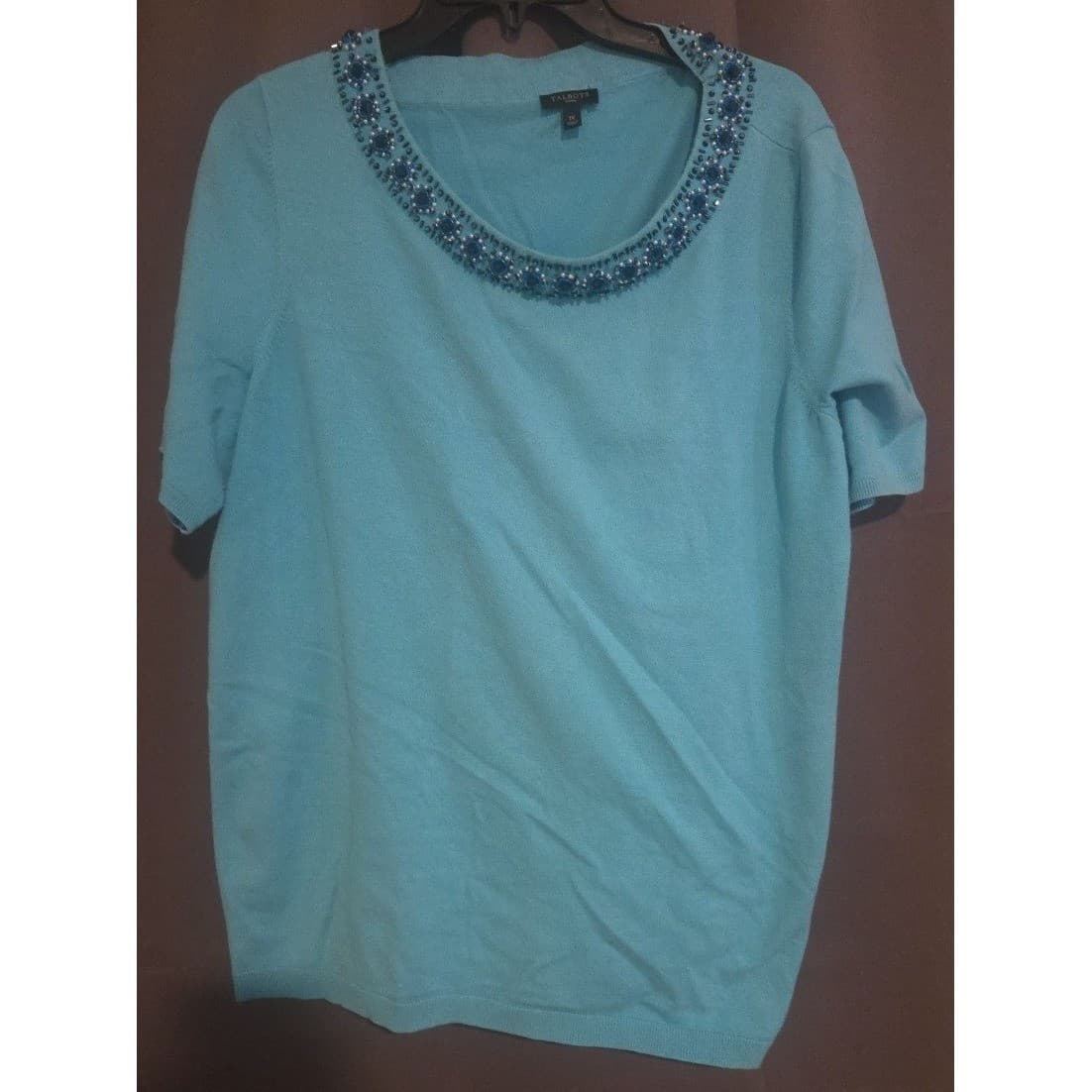 Talbots Turquoise Blue Beaded Silk Cotton Blend Short Sleeve Sweater, Women's 1X - Thumbnail 3