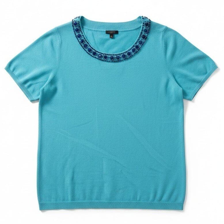 Talbots Turquoise Blue Beaded Silk Cotton Blend Short Sleeve Sweater, Women's 1X