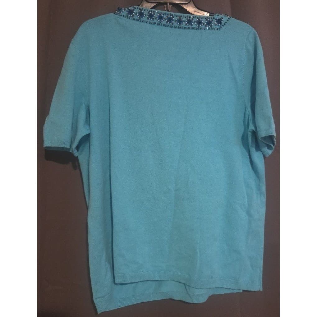 Talbots Turquoise Blue Beaded Silk Cotton Blend Short Sleeve Sweater, Women's 1X - Thumbnail 4