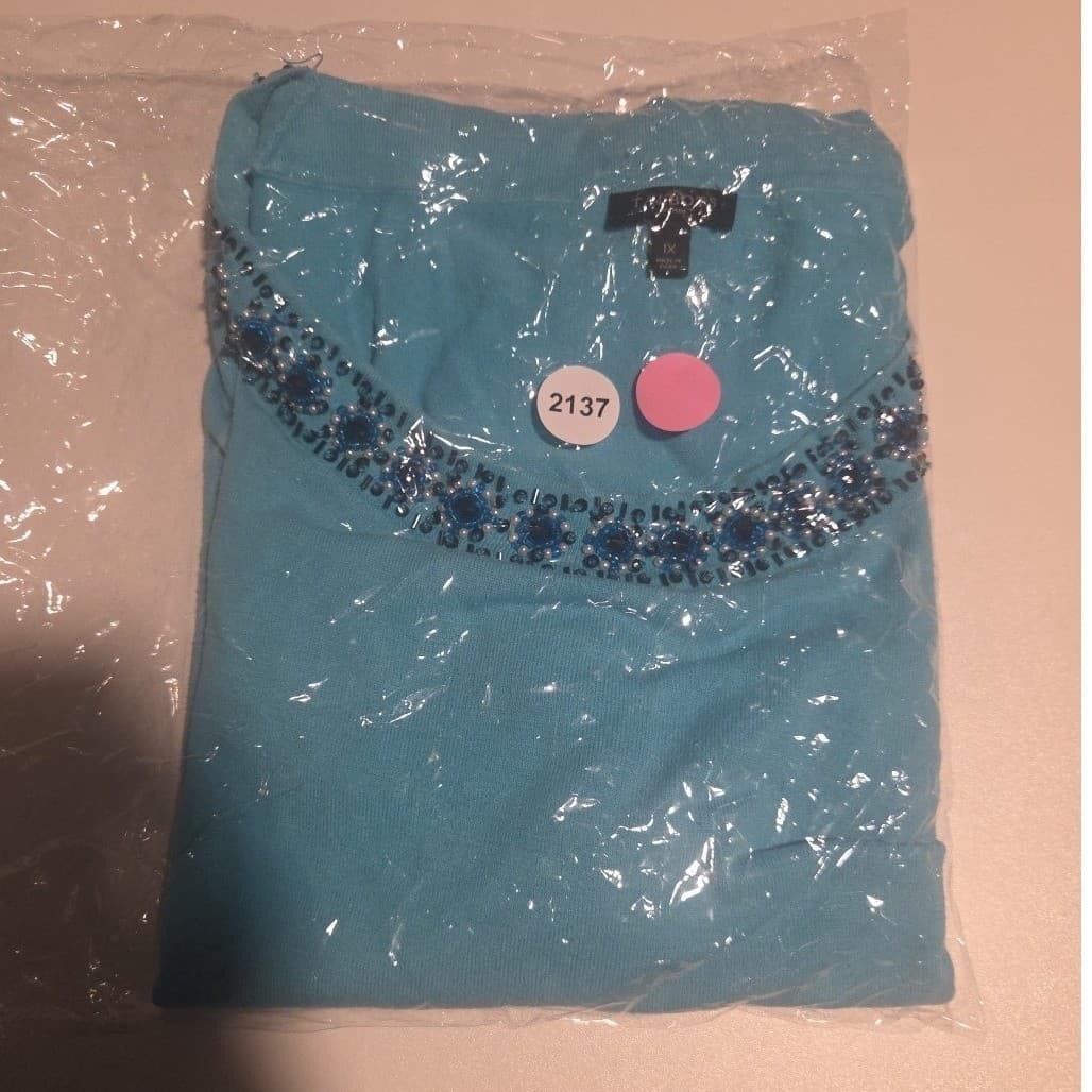 Talbots Turquoise Blue Beaded Silk Cotton Blend Short Sleeve Sweater, Women's 1X - Thumbnail 9