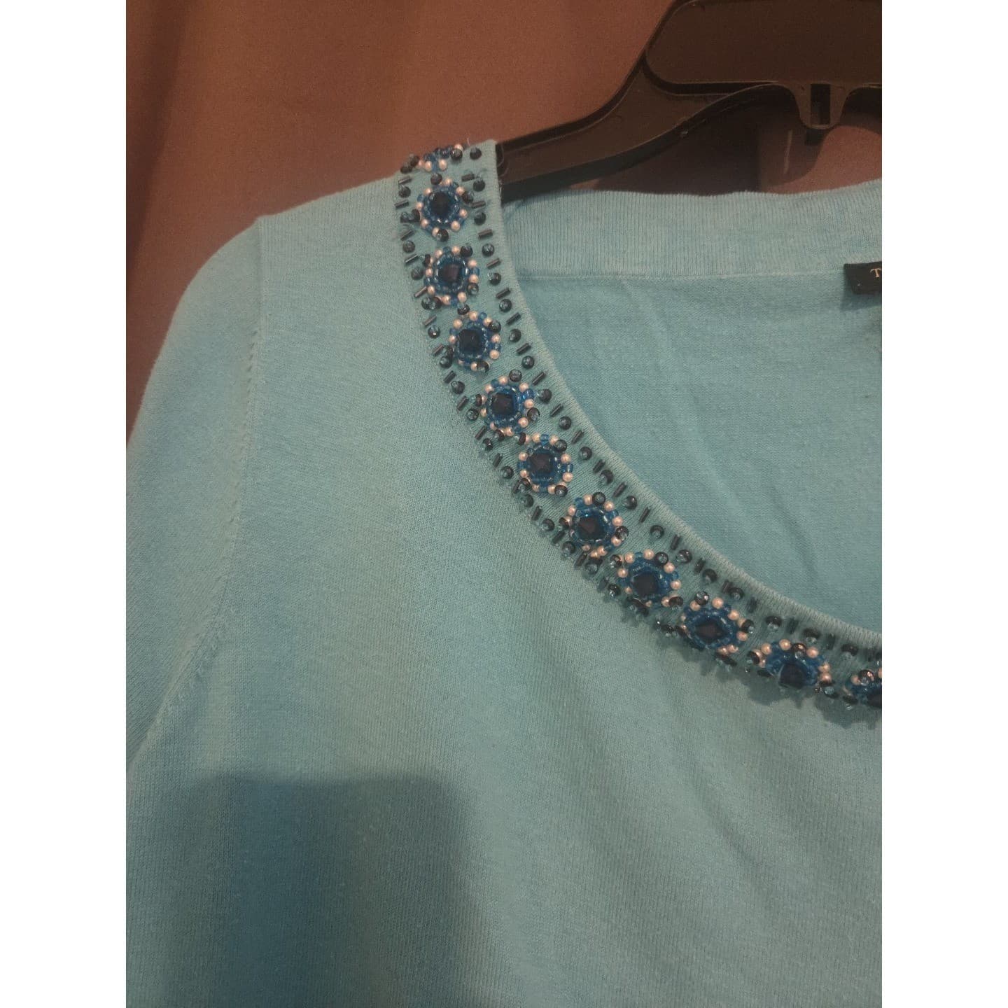 Talbots Turquoise Blue Beaded Silk Cotton Blend Short Sleeve Sweater, Women's 1X - Thumbnail 6