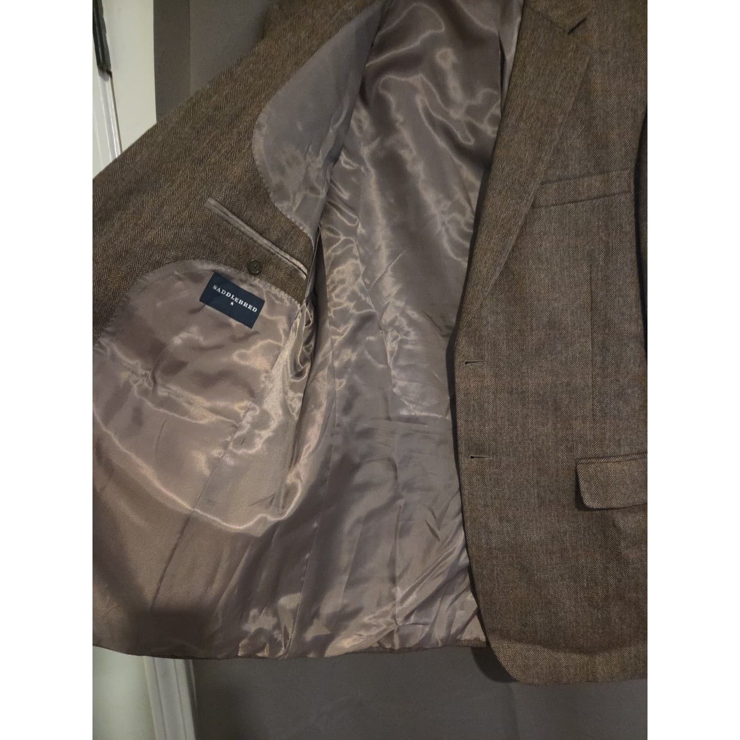 Saddlebred Brown Herringbone 100% Lambswool Blazer, Mens 42L Sport Coat X33024AN - Thumbnail 8