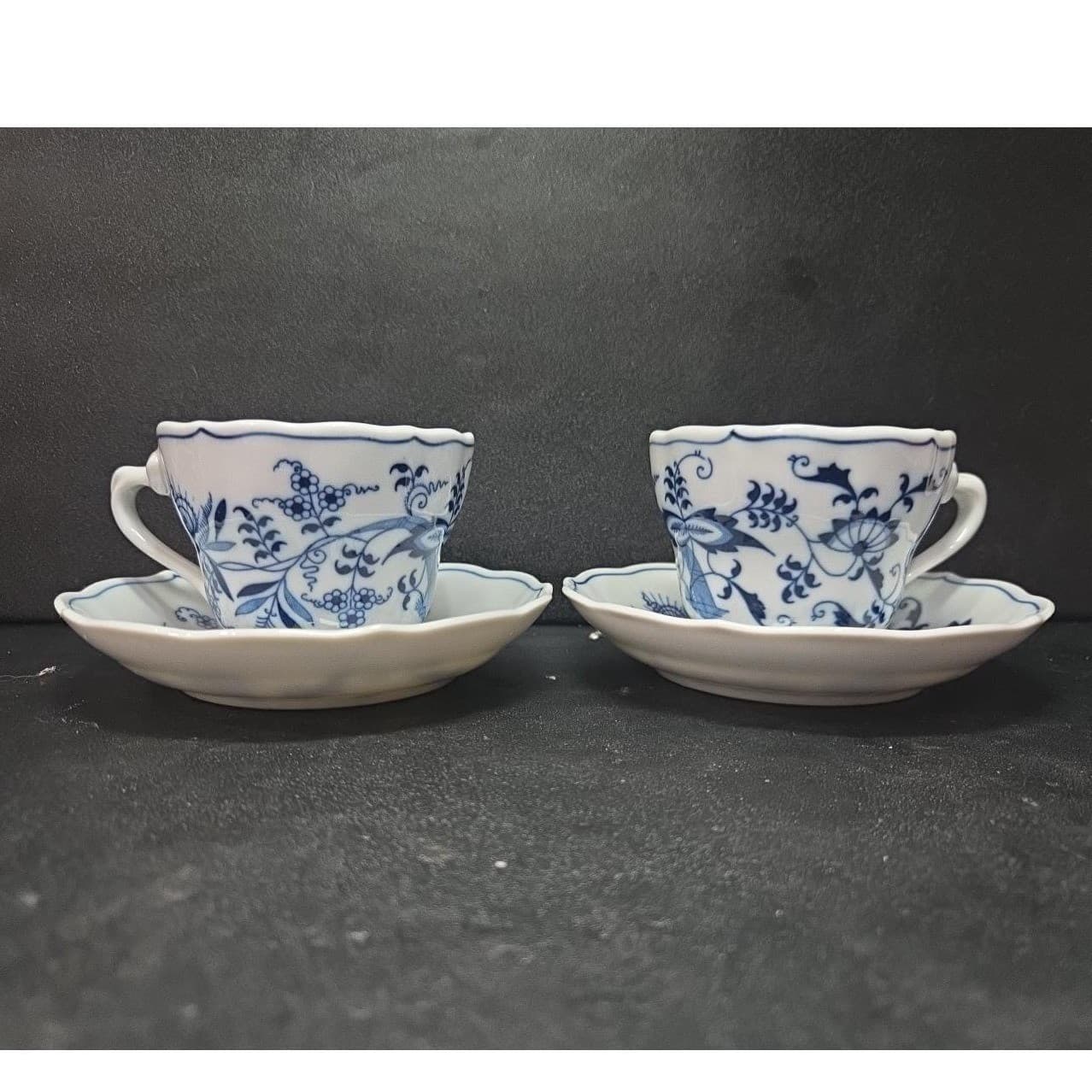 Blue Danube Onion Tea Cups & Saucers, Set of 2, Vintage Original Ribbon Banner - Thumbnail 2