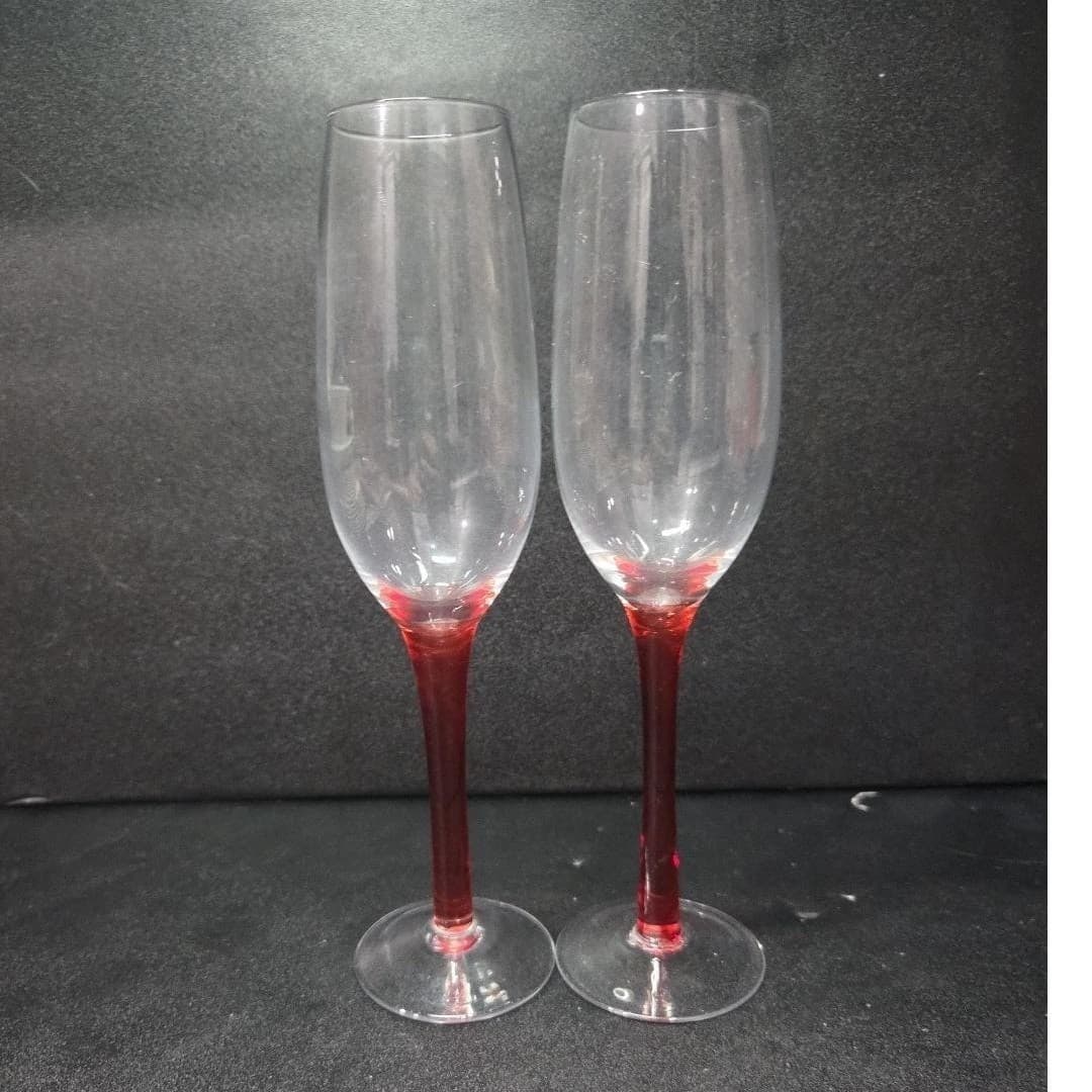 Red Stemmed Champagne Flutes, Set of 2, Hand Blown Toasting Glasses, Stemware - Thumbnail 3