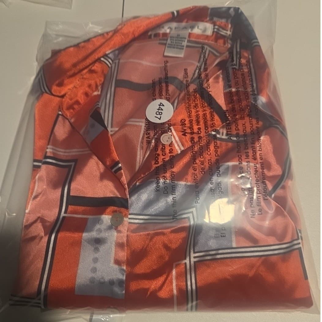 Rafael Rust Orange Geometric Print Satin Button Down Shirt, Woman's Size 8 - Thumbnail 9