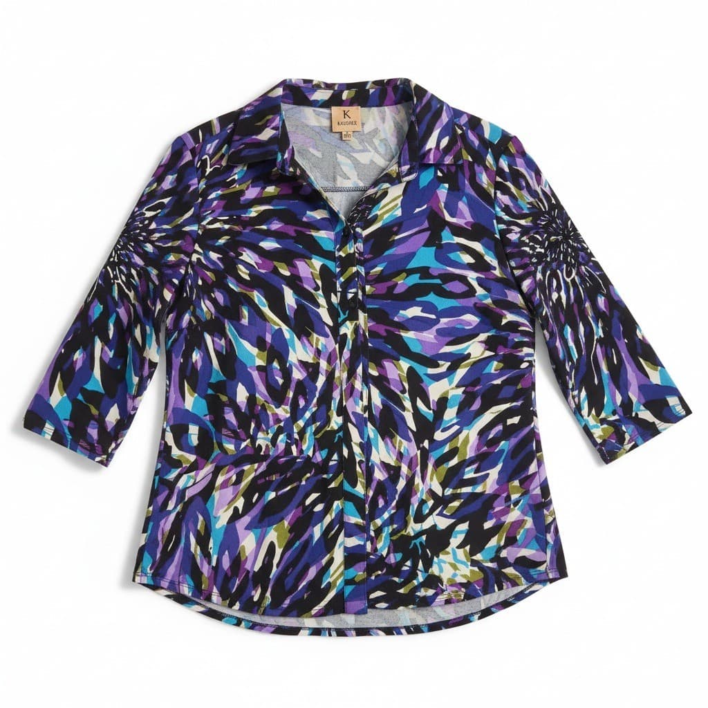 Kasper Purple Blue Abstract Floral 3/4 Sleeve Button Up Blouse, Woman's Small