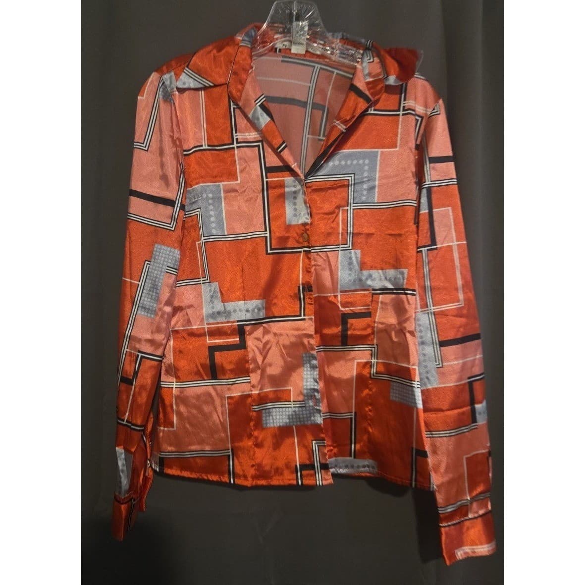 Rafael Rust Orange Geometric Print Satin Button Down Shirt, Woman's Size 8 - Thumbnail 2