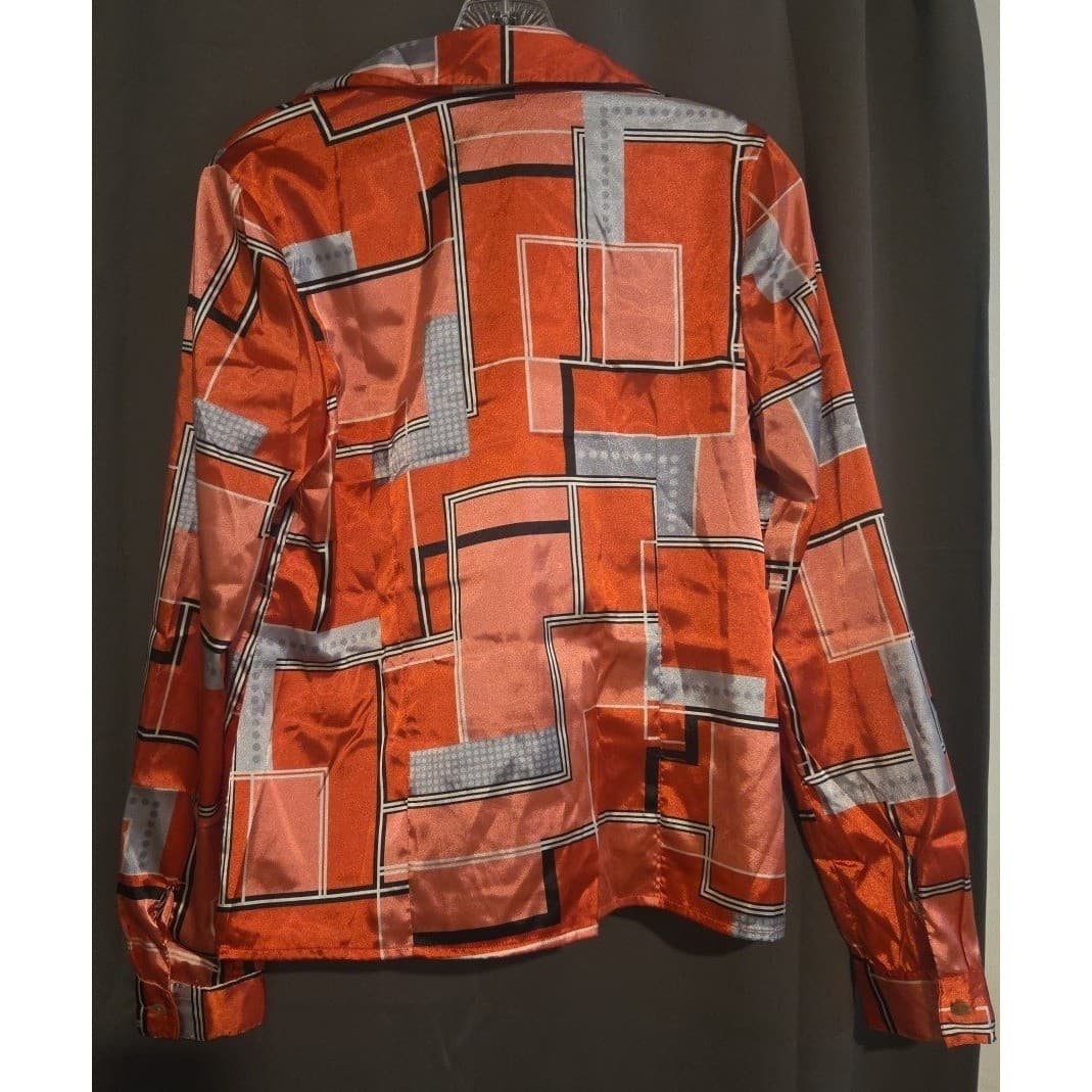 Rafael Rust Orange Geometric Print Satin Button Down Shirt, Woman's Size 8 - Thumbnail 3