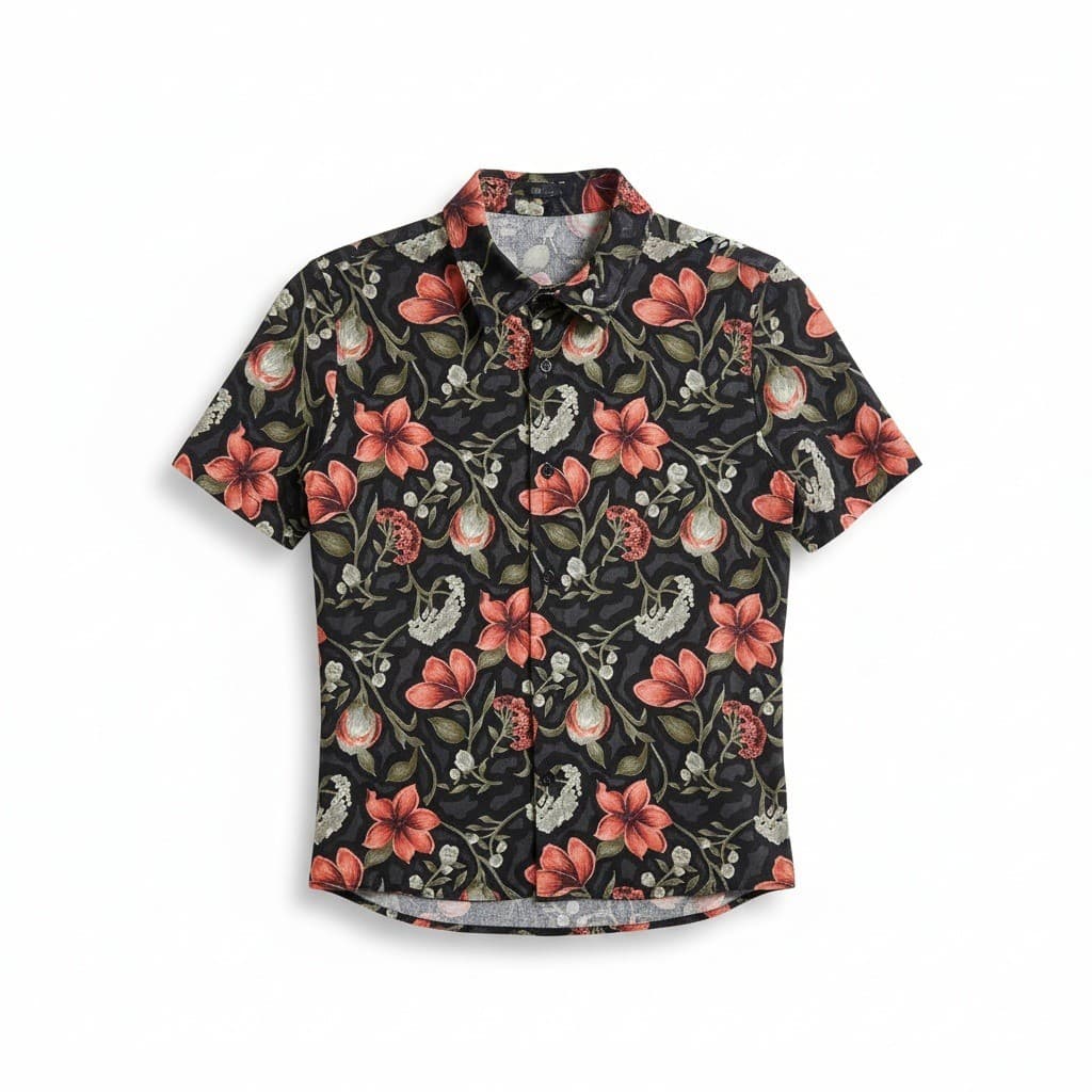 Dressbarn Mock Neck Floral Black Terracotta Blouse, Woman's Small, Short Sleeve