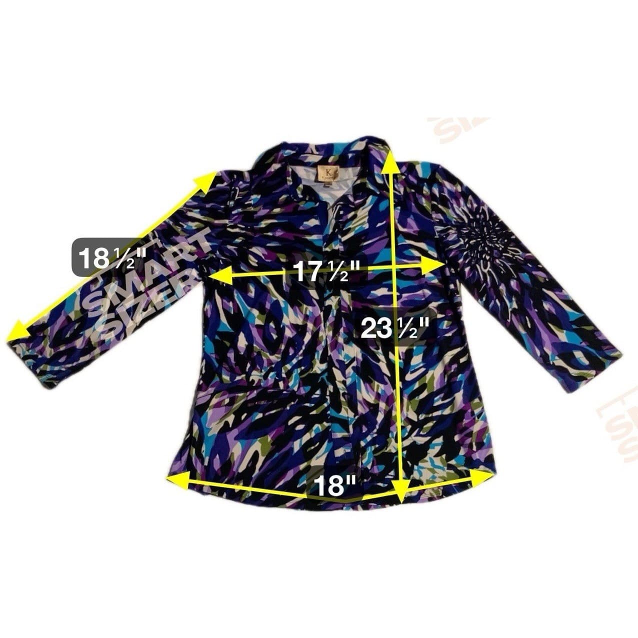 Kasper Purple Blue Abstract Floral 3/4 Sleeve Button Up Blouse, Woman's Small - Thumbnail 2