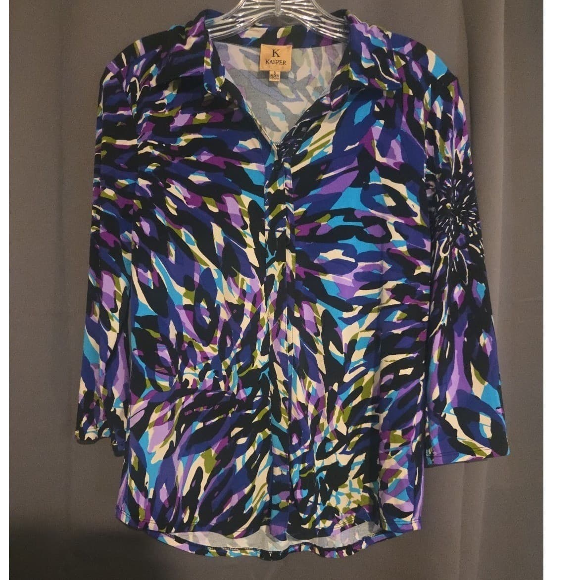 Kasper Purple Blue Abstract Floral 3/4 Sleeve Button Up Blouse, Woman's Small - Thumbnail 3