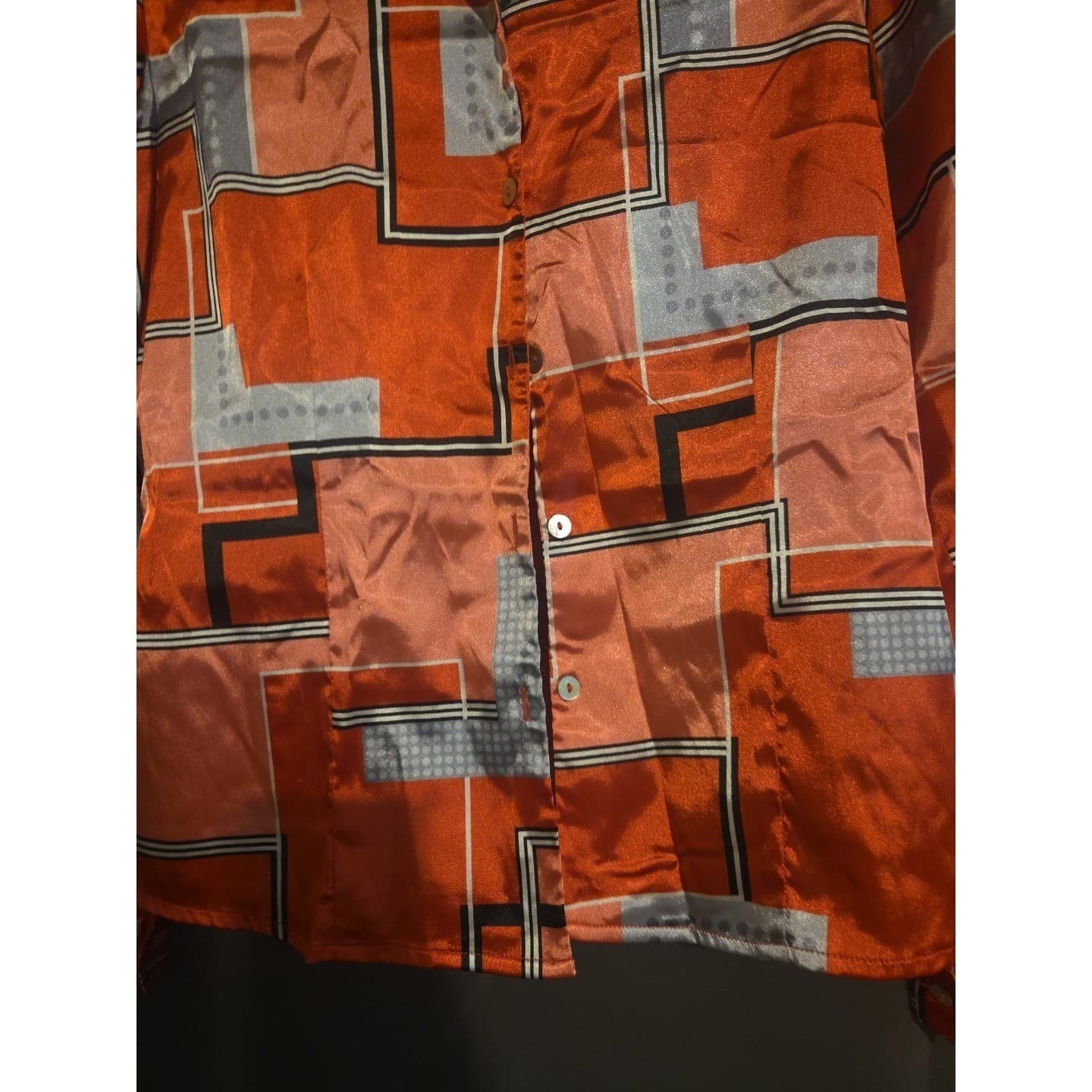 Rafael Rust Orange Geometric Print Satin Button Down Shirt, Woman's Size 8 - Thumbnail 6