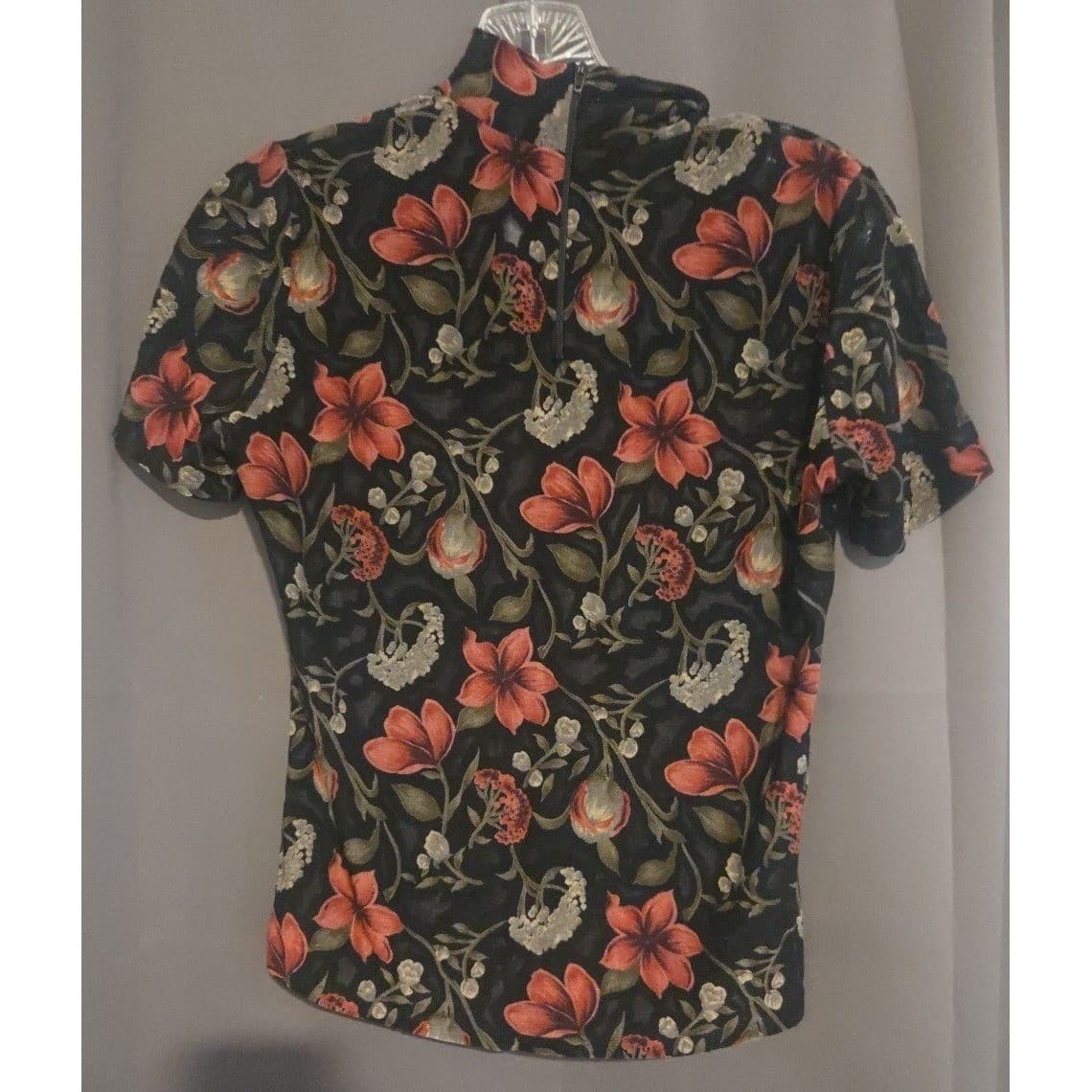 Dressbarn Mock Neck Floral Black Terracotta Blouse, Woman's Small, Short Sleeve - Thumbnail 3