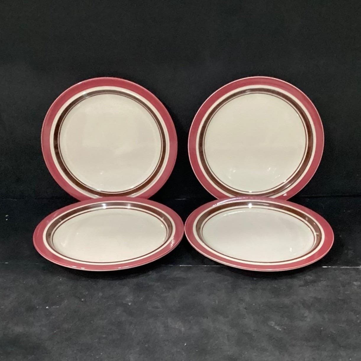 Sango Carousel Stoneware Salad Plates #807, Set of 4, Cranberry & Brown Bands - Thumbnail 2