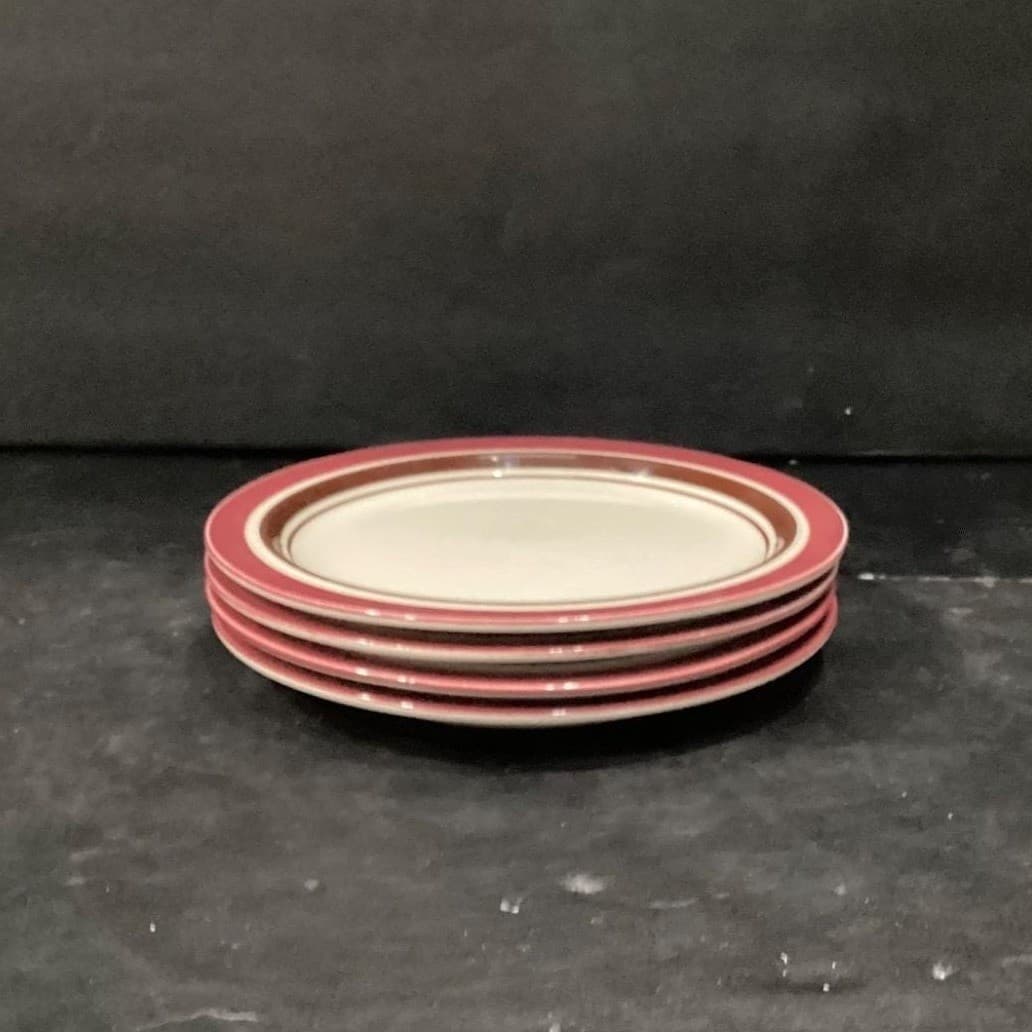 Sango Carousel Stoneware Salad Plates #807, Set of 4, Cranberry & Brown Bands - Thumbnail 9