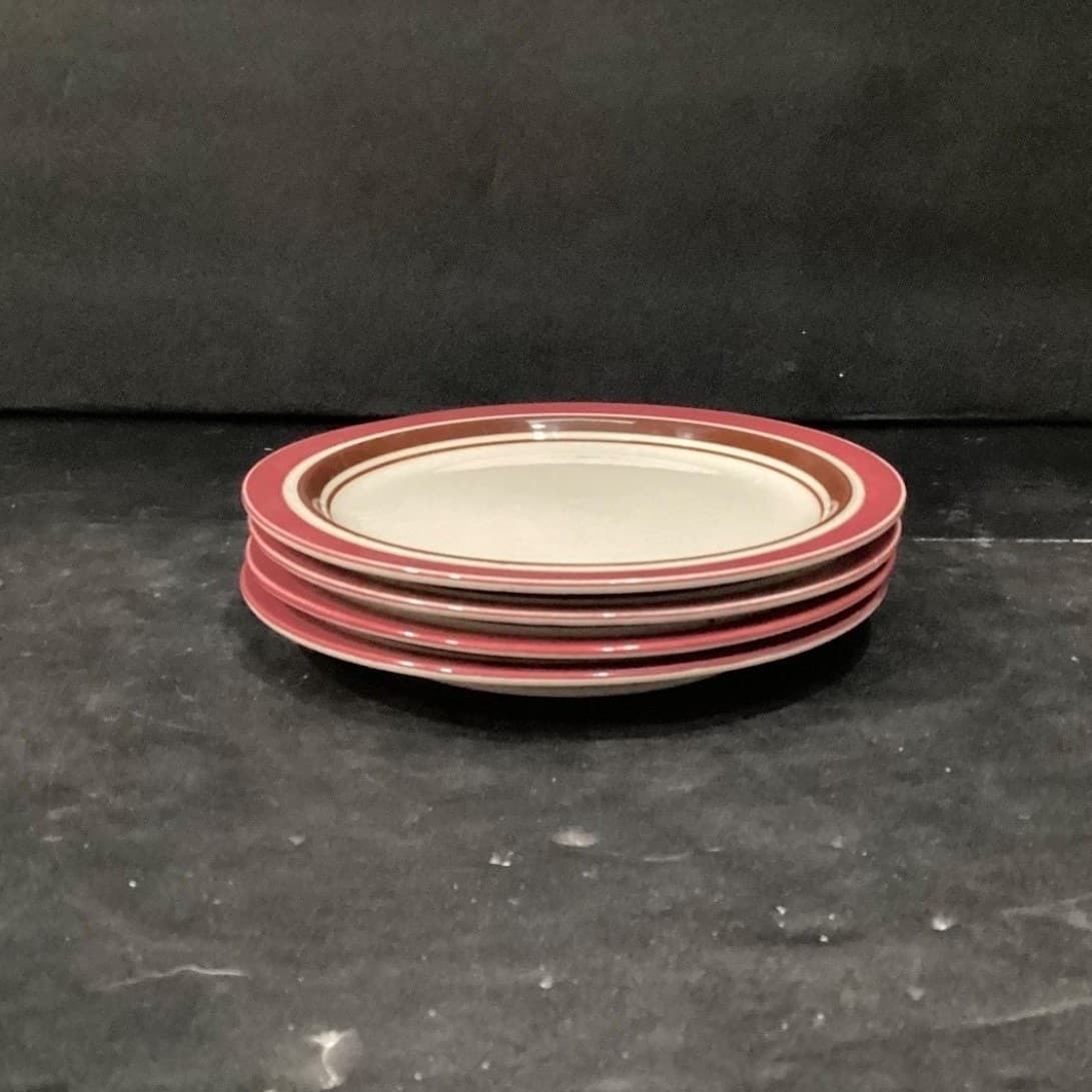 Sango Carousel Stoneware Salad Plates #807, Set of 4, Cranberry & Brown Bands - Thumbnail 8