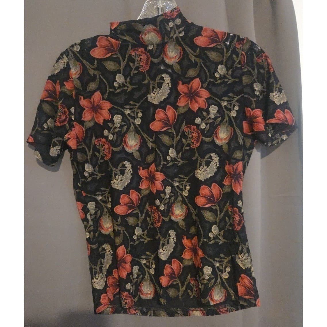 Dressbarn Mock Neck Floral Black Terracotta Blouse, Woman's Small, Short Sleeve - Thumbnail 4