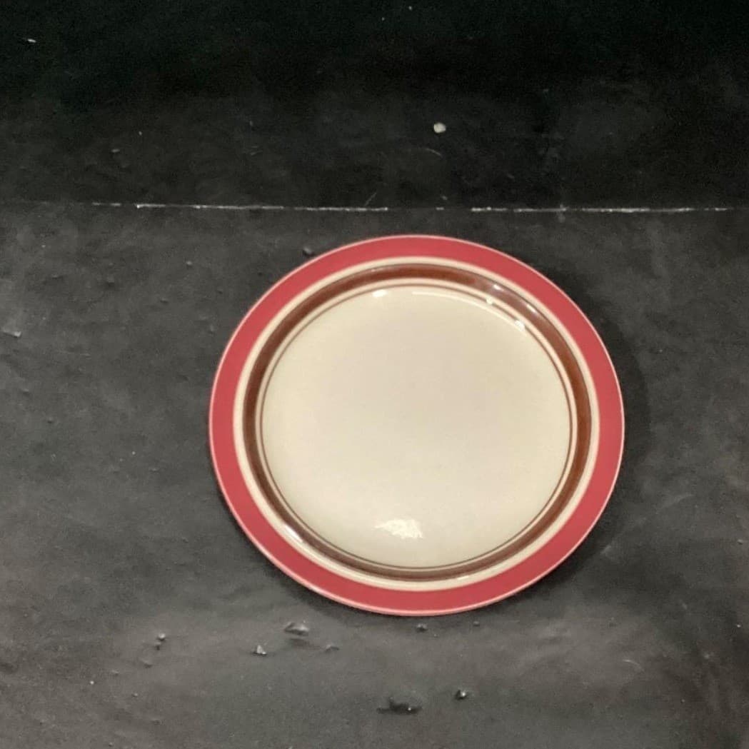 Sango Carousel Stoneware Salad Plates #807, Set of 4, Cranberry & Brown Bands - Thumbnail 3
