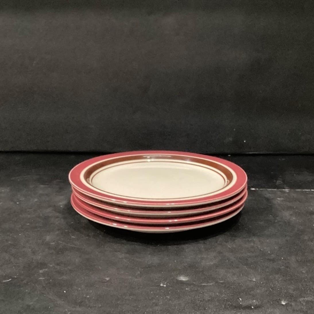 Sango Carousel Stoneware Salad Plates #807, Set of 4, Cranberry & Brown Bands - Thumbnail 10