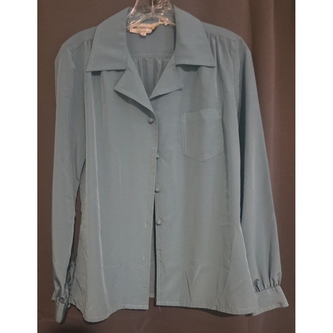 Au Courant Vintage Blue Gray Button Down Blouse, Woman's Size 9, Notched Collar - Thumbnail 3