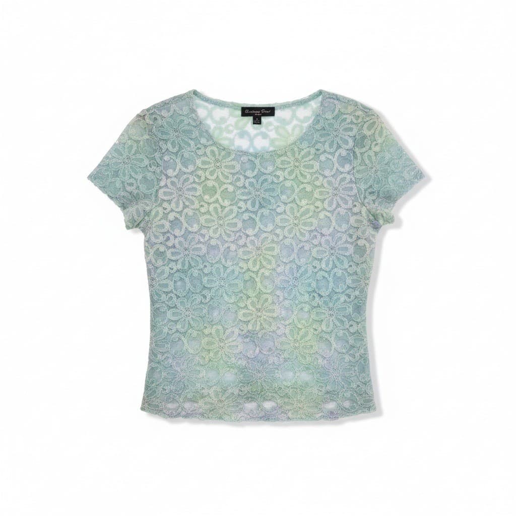 Brittany Black Petite Mint Green Blue Floral Lace Shimmer Top, Woman's Small