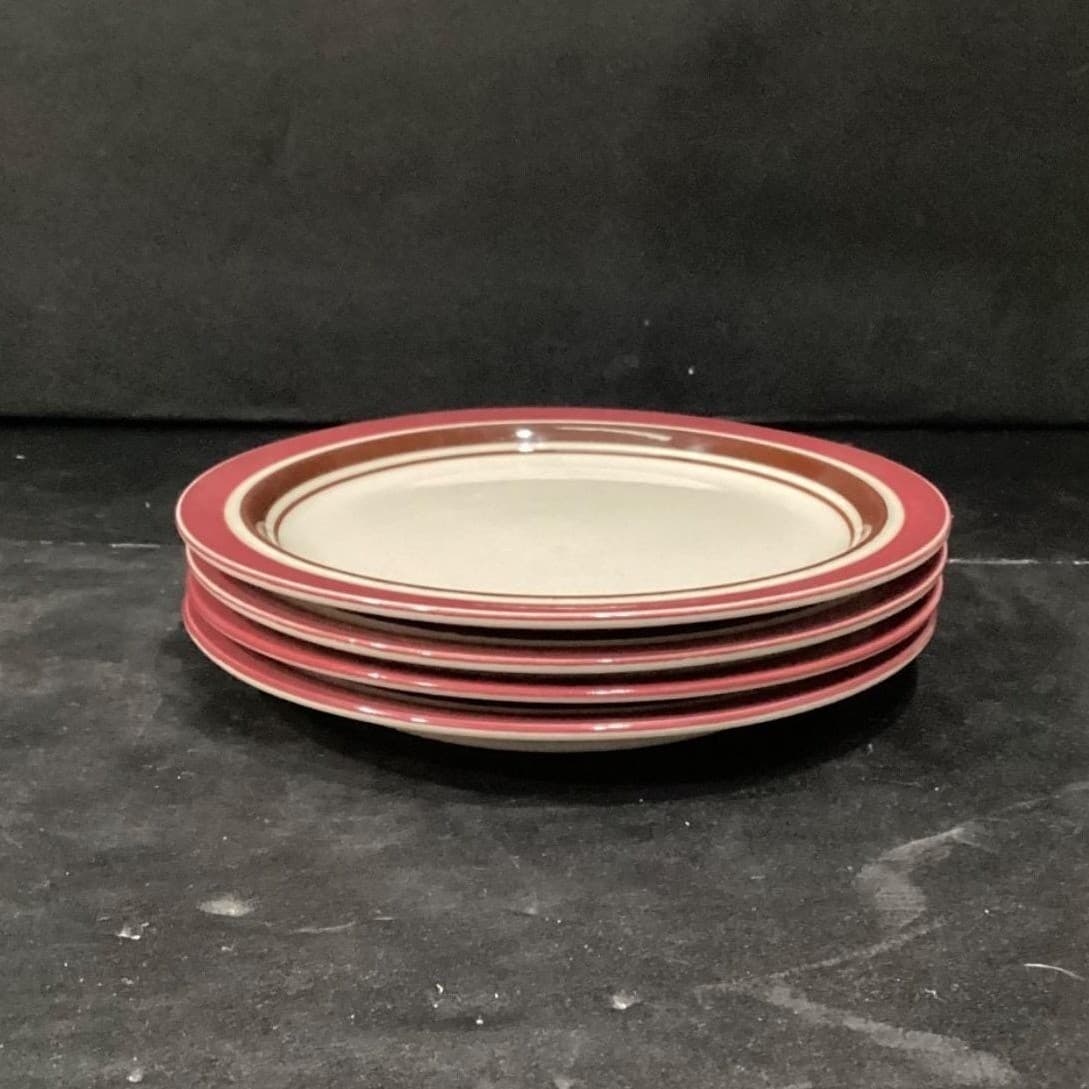 Sango Carousel Stoneware Salad Plates #807, Set of 4, Cranberry & Brown Bands - Thumbnail 7