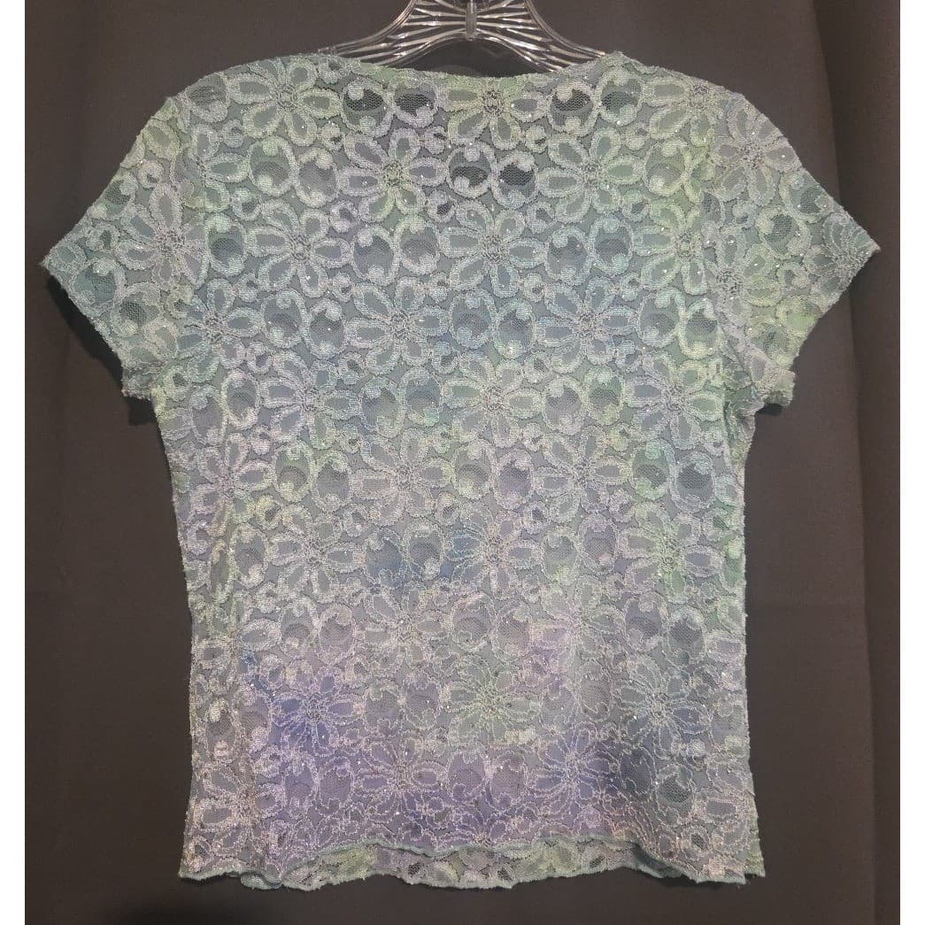Brittany Black Petite Mint Green Blue Floral Lace Shimmer Top, Woman's Small - Thumbnail 4