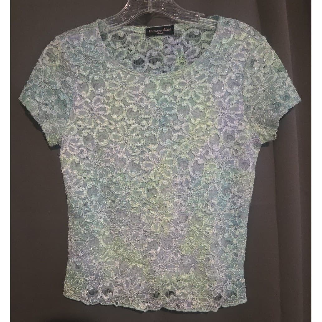 Brittany Black Petite Mint Green Blue Floral Lace Shimmer Top, Woman's Small - Thumbnail 3