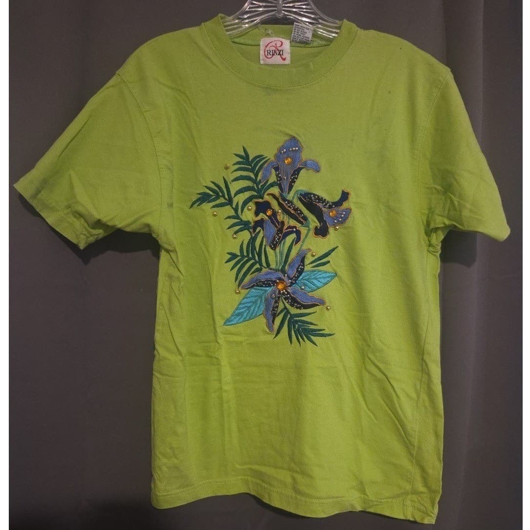Rinzi Lime Green Embroidered Floral Beaded Cotton T-Shirt, Woman's Medium Top - Thumbnail 3