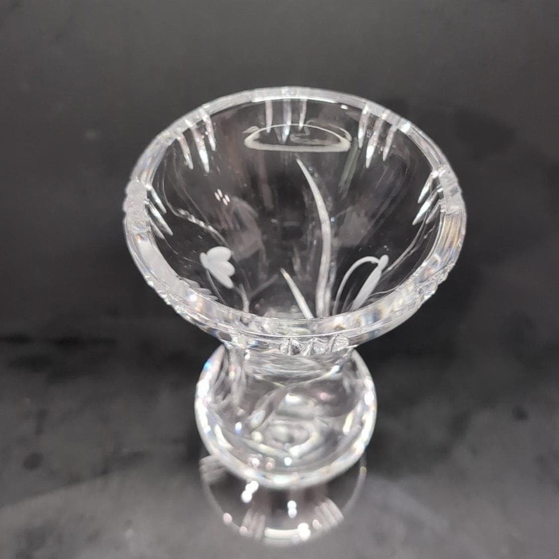Floral Etched Cut Crystal Vase, Footed Low Stem Vessel, Replacement Centerpiece - Thumbnail 7