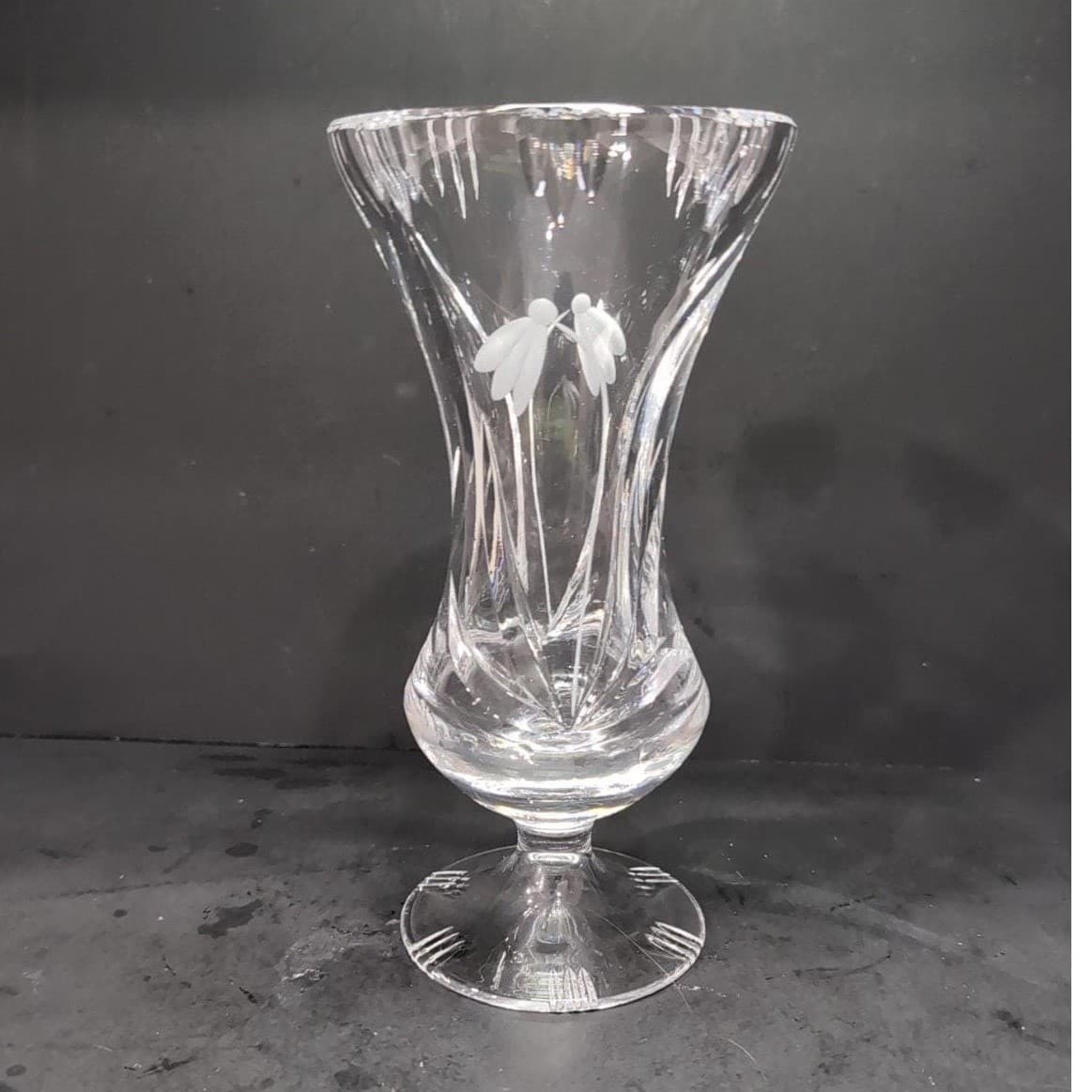 Floral Etched Cut Crystal Vase, Footed Low Stem Vessel, Replacement Centerpiece - Thumbnail 2