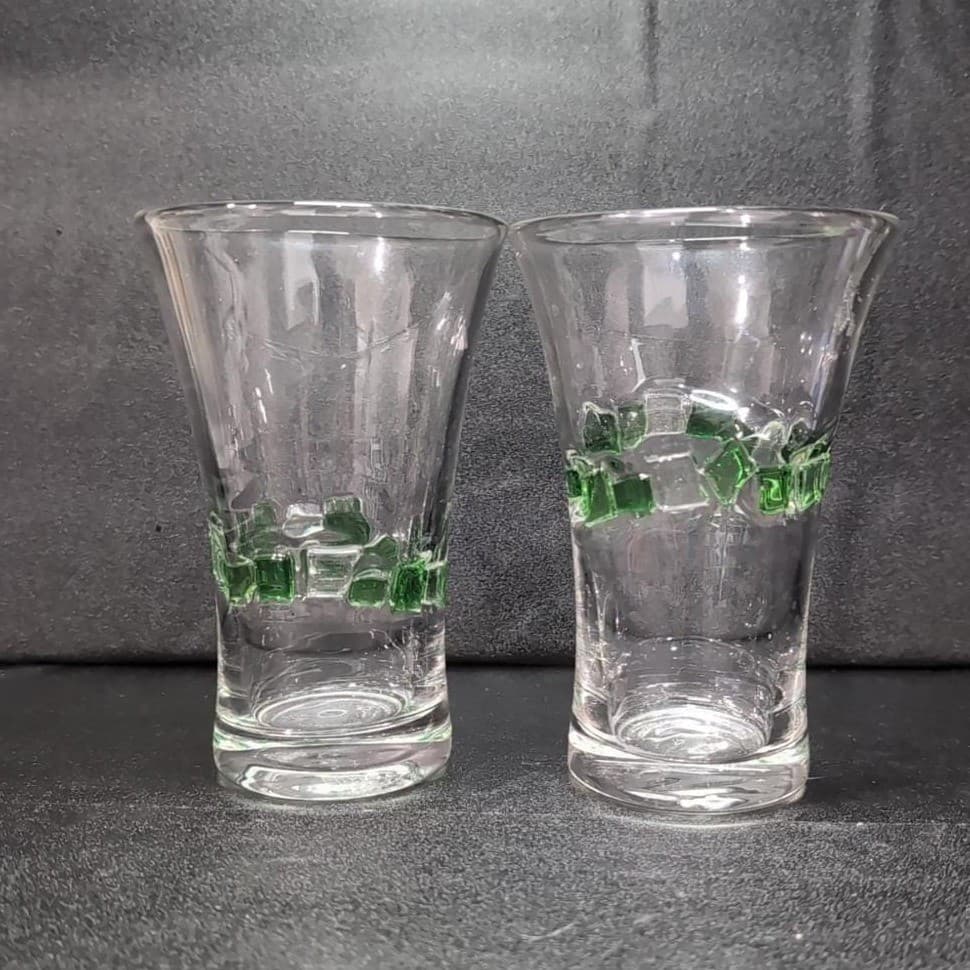 Fused Mosaic Glasses, Set of 2, Vintage Drinkware, Green & Clear Squares Design - Thumbnail 4