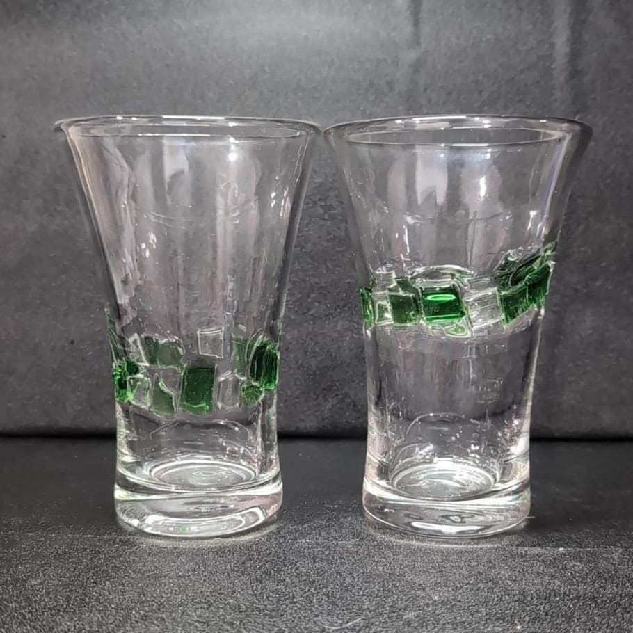 Fused Mosaic Glasses, Set of 2, Vintage Drinkware, Green & Clear Squares Design - Thumbnail 5
