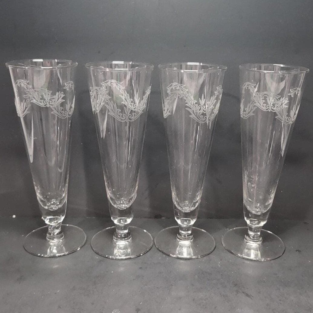 Chintz Etched Pilsner Glasses, Set of 4, Clear Footed Glassware, Vintage Barware - Thumbnail 8