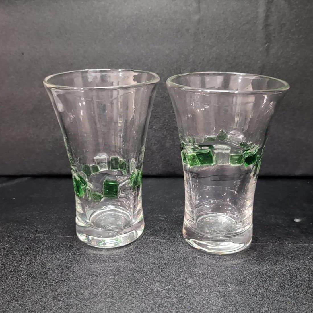 Fused Mosaic Glasses, Set of 2, Vintage Drinkware, Green & Clear Squares Design - Thumbnail 2