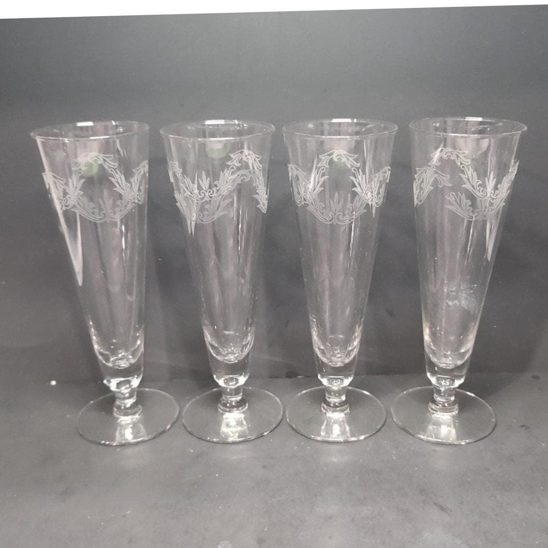 Chintz Etched Pilsner Glasses, Set of 4, Clear Footed Glassware, Vintage Barware - Thumbnail 10