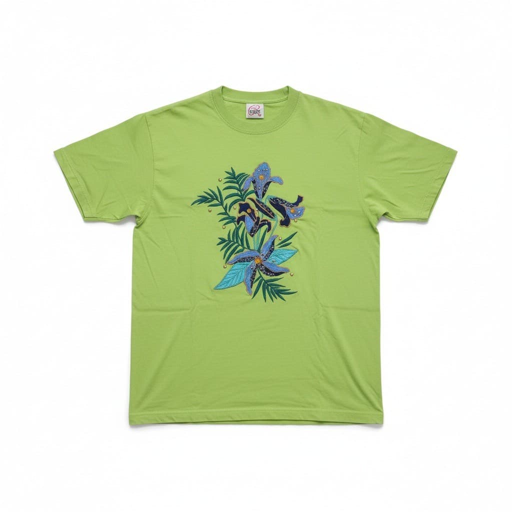 Rinzi Lime Green Embroidered Floral Beaded Cotton T-Shirt, Woman's Medium Top