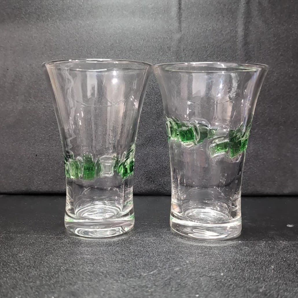 Fused Mosaic Glasses, Set of 2, Vintage Drinkware, Green & Clear Squares Design - Thumbnail 3