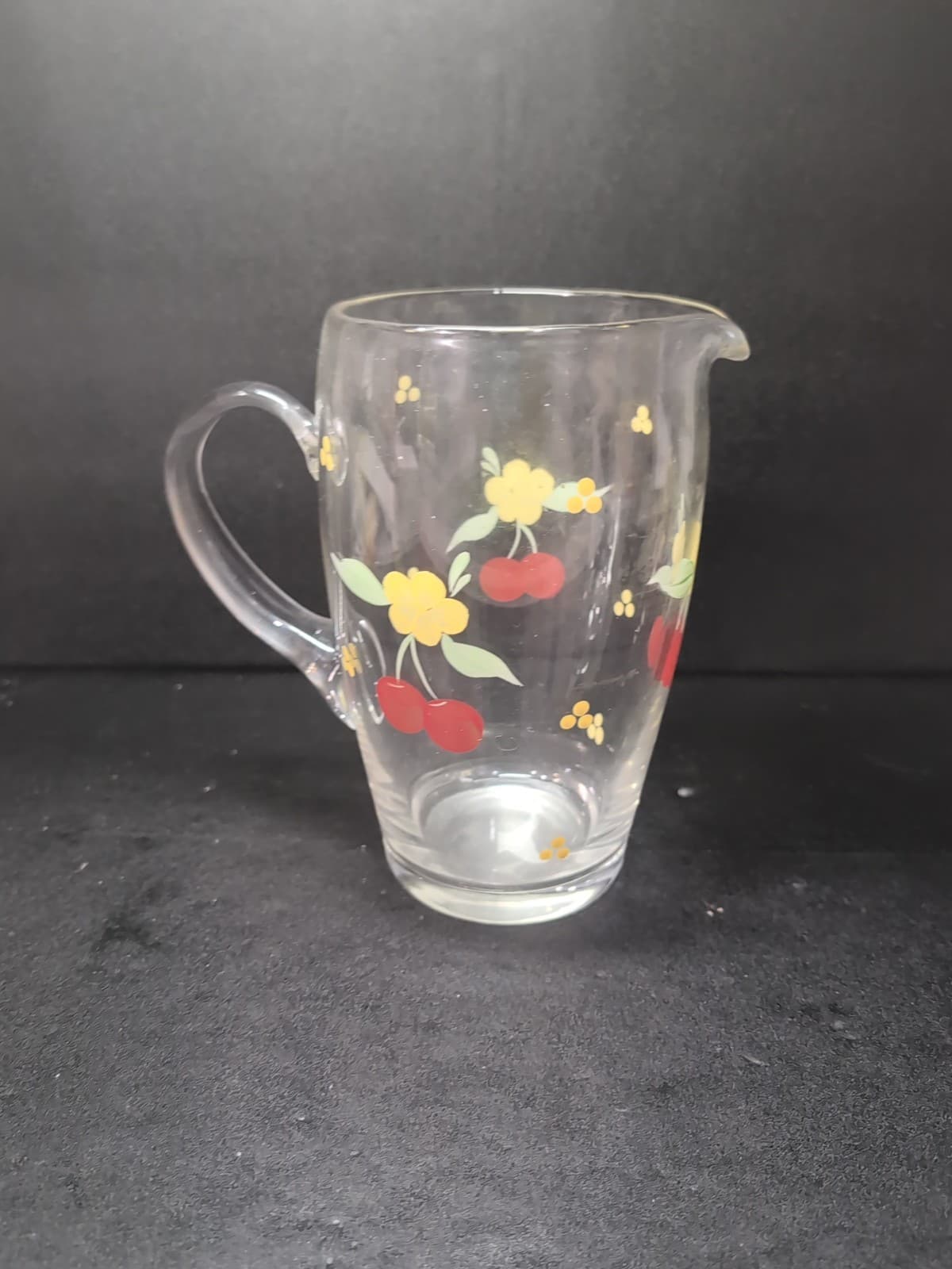 Hand Painted Glass Pitcher, Cherries And Flowers Design, Vintage Kitchenware - Thumbnail 3