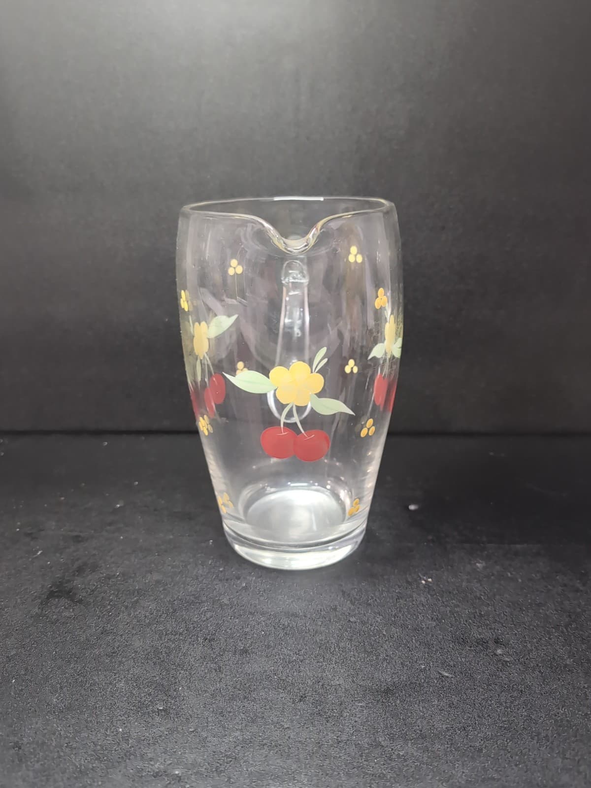 Hand Painted Glass Pitcher, Cherries And Flowers Design, Vintage Kitchenware - Thumbnail 2