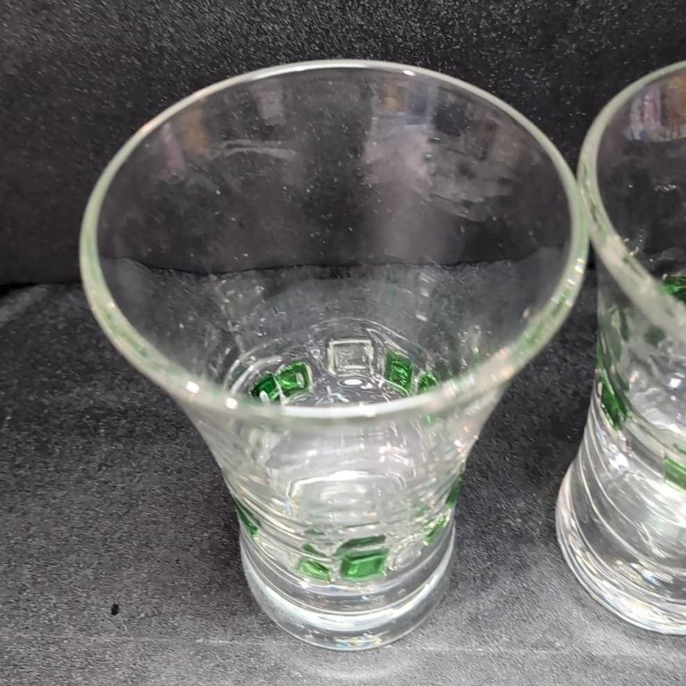Fused Mosaic Glasses, Set of 2, Vintage Drinkware, Green & Clear Squares Design - Thumbnail 6